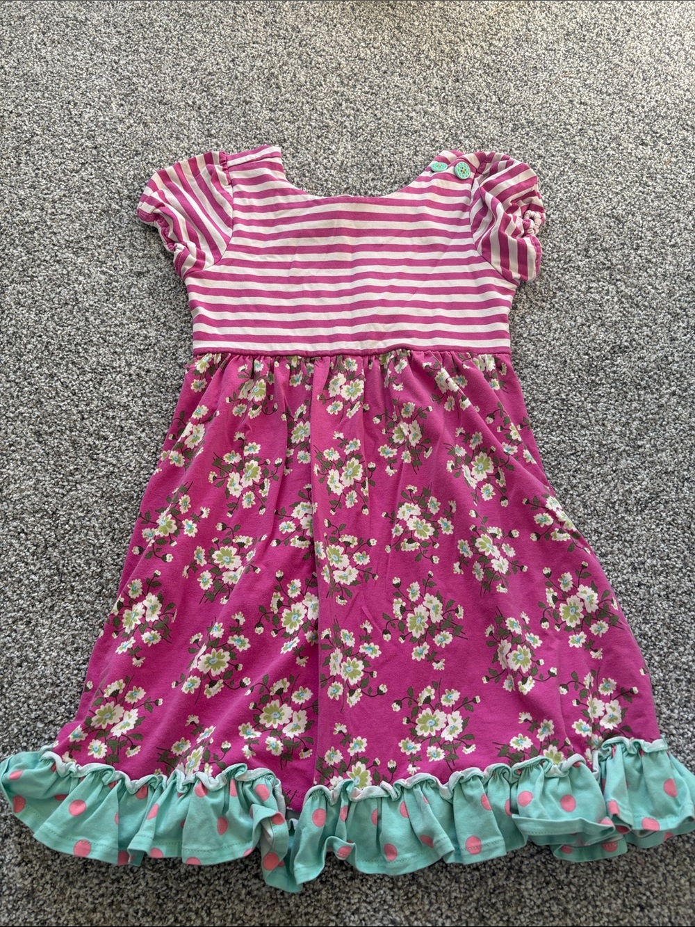 Matilda Jane Pink Floral Stripe Dress with Aqua Ruffle Size 10